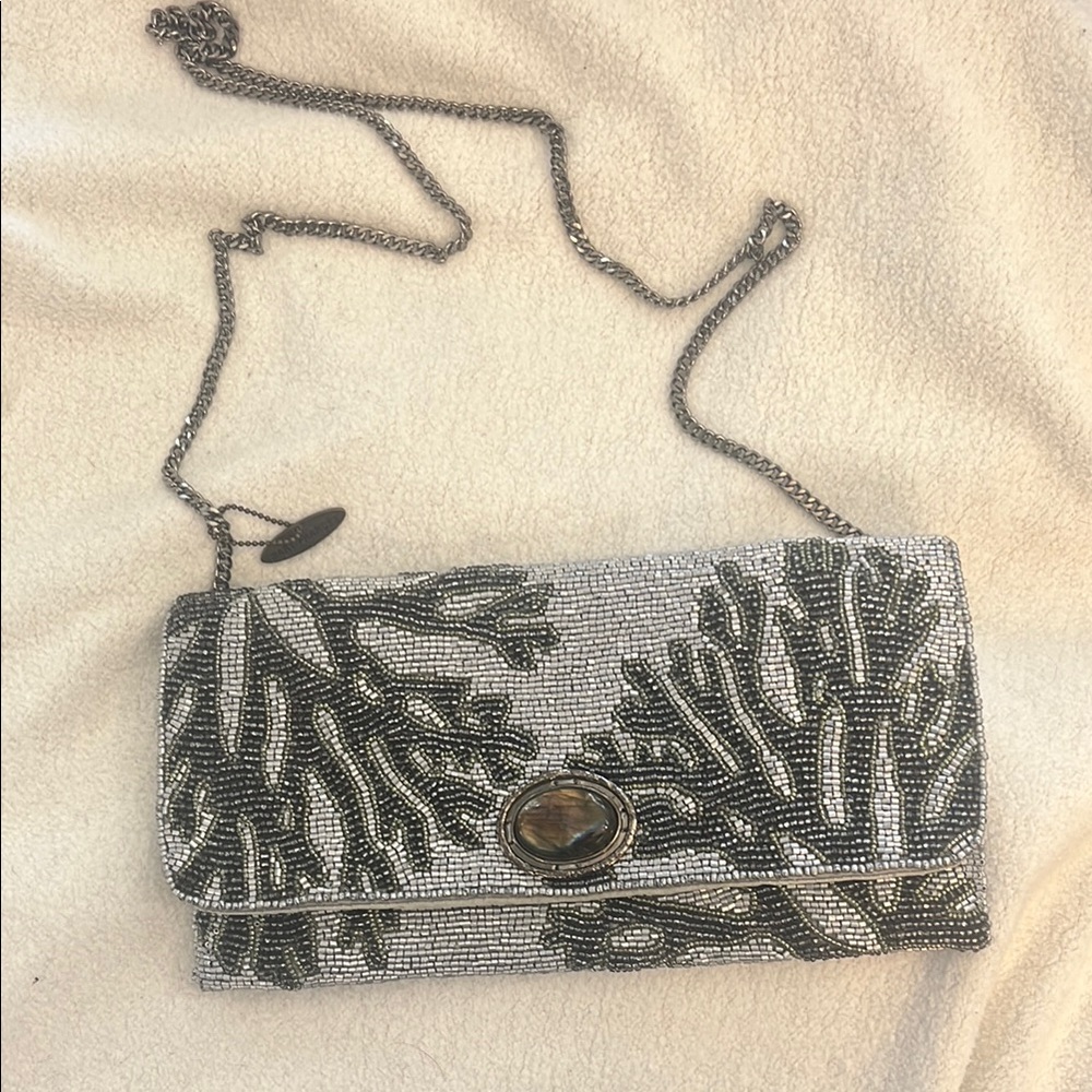 Mary Frances Black and Silver Floral Clutch with Chain Strap